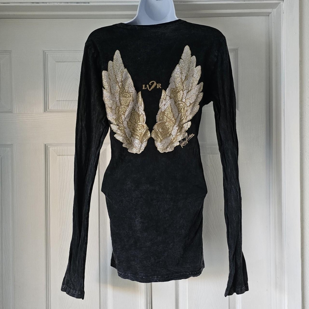 Y2K vintage grey black wash with gold angel wings long sleeveSize large - Picture 3 of 5